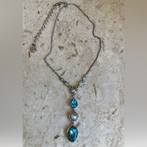 GIVENCHY Aqua & Opalite Swarovski Crystal, Silvertone, Faux Pearl Y Necklace - Picture 1 of 5